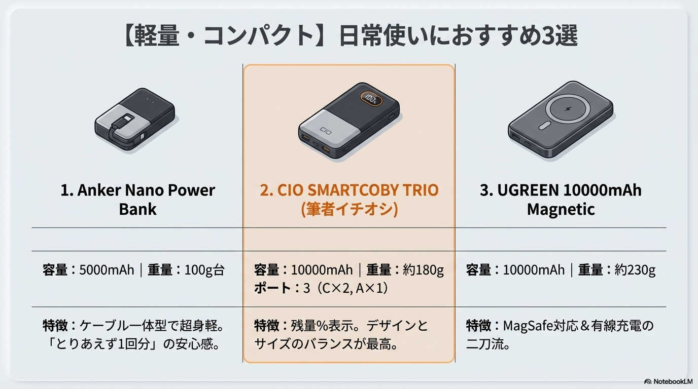 モバイルバッテリー 軽量 コンパクト 日常使い おすすめ
