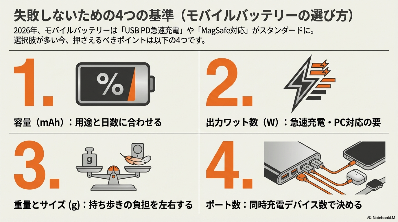 モバイルバッテリー 選び方 容量 出力 重量 2026