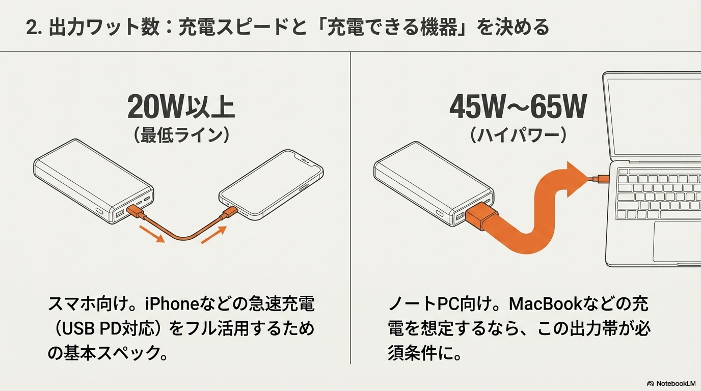モバイルバッテリー 出力ワット数 USB PD 急速充電