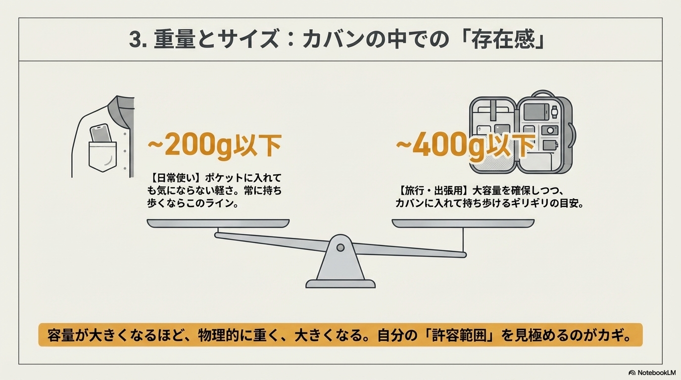 モバイルバッテリー 重量 サイズ 軽量 コンパクト