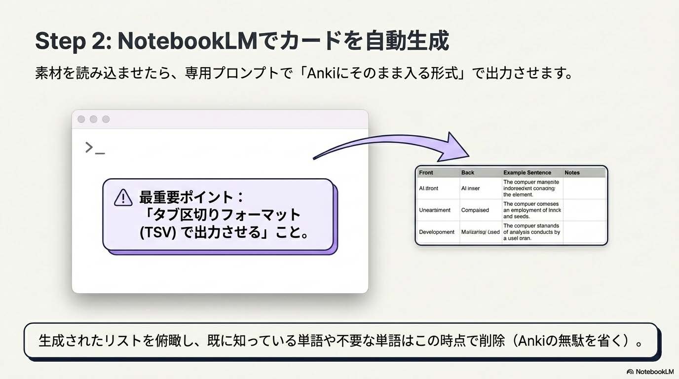NotebookLMにTSV形式でフラッシュカードを生成させるプロンプトと手順の解説画像