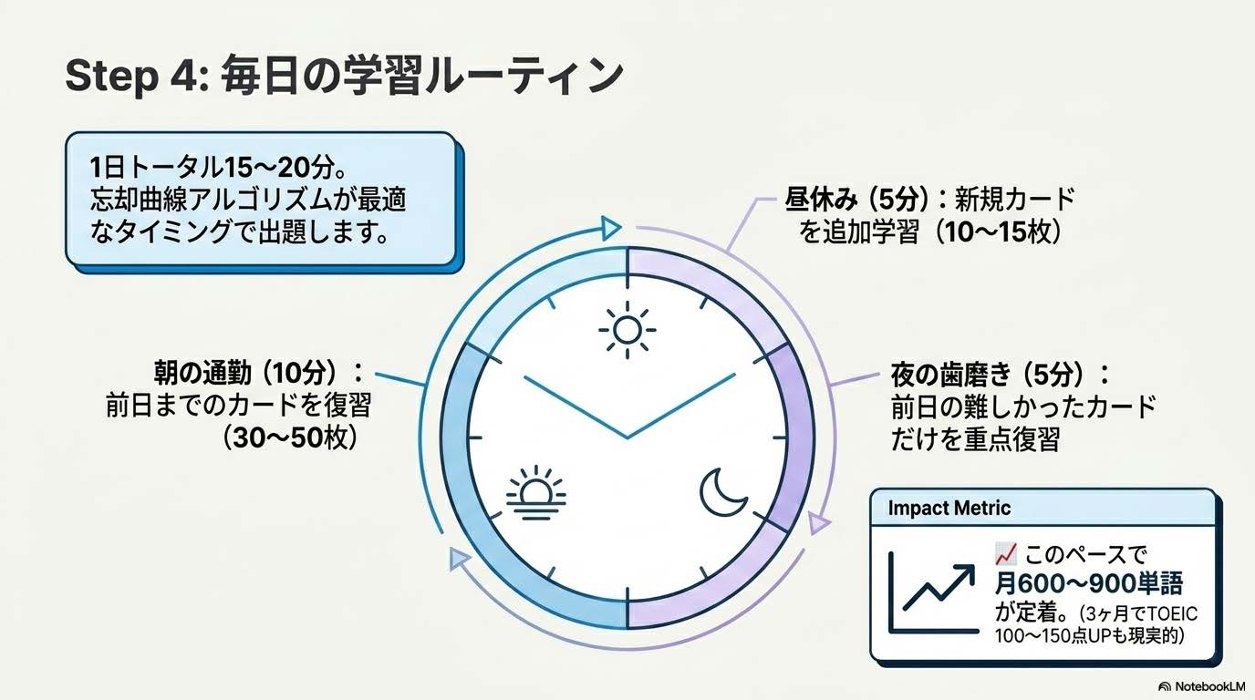 朝・昼・夜の15〜20分で回すAnki英語学習ルーティンを図示した解説画像