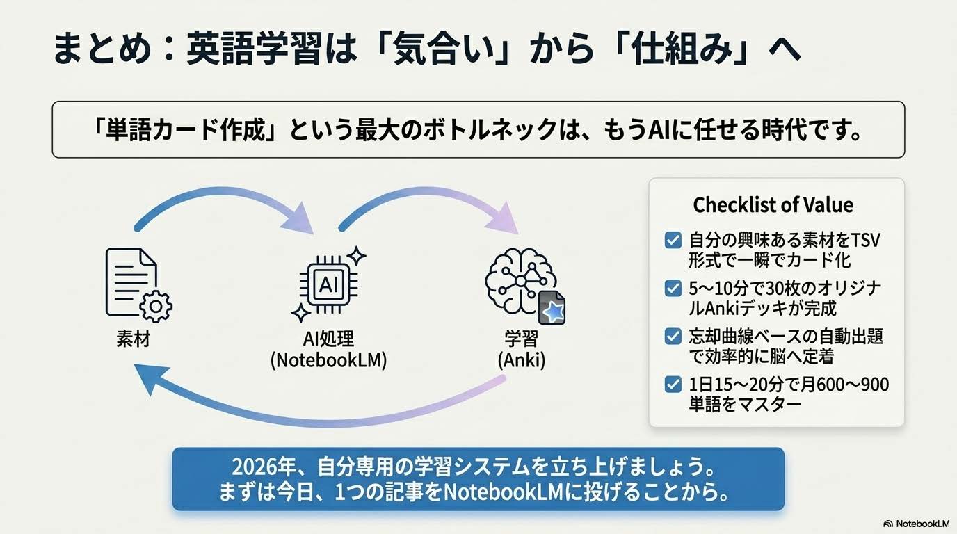 NotebookLM×Anki英語学習ワークフロー記事のまとめセクション画像