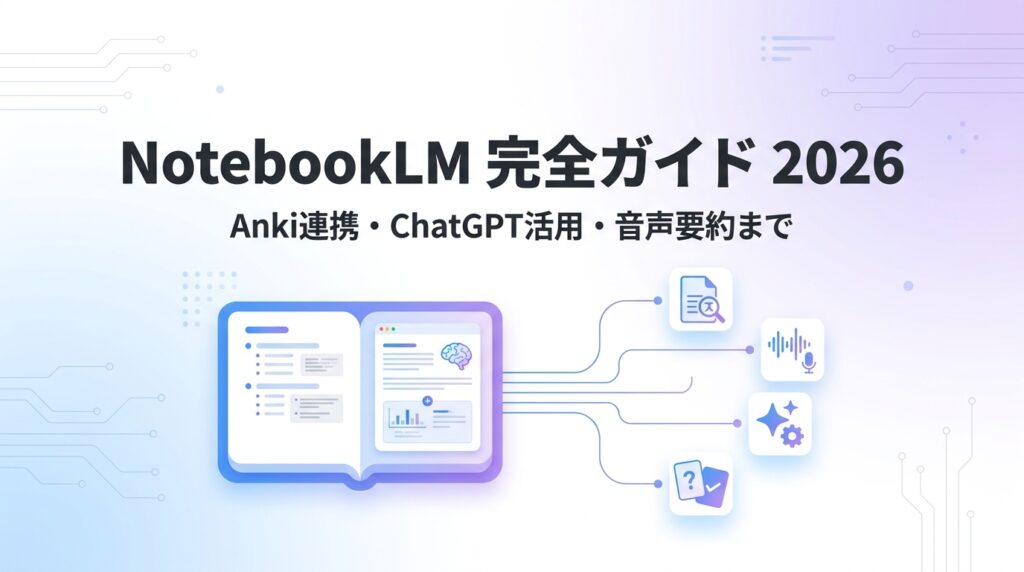 NotebookLM完全ガイド2026｜Anki連携・ChatGPT活用・音声要約まで解説する記事のアイキャッチ画像