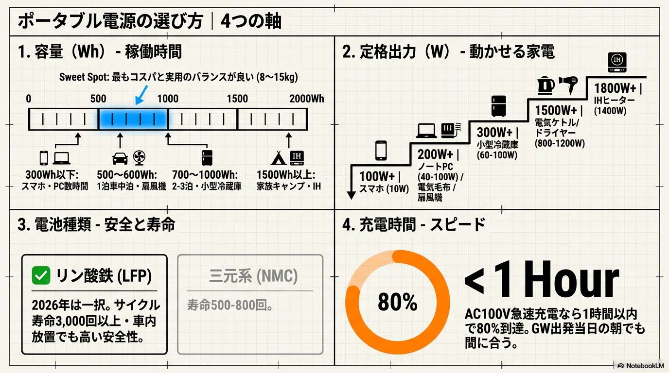 ポータブル電源の選び方4つの軸の図解