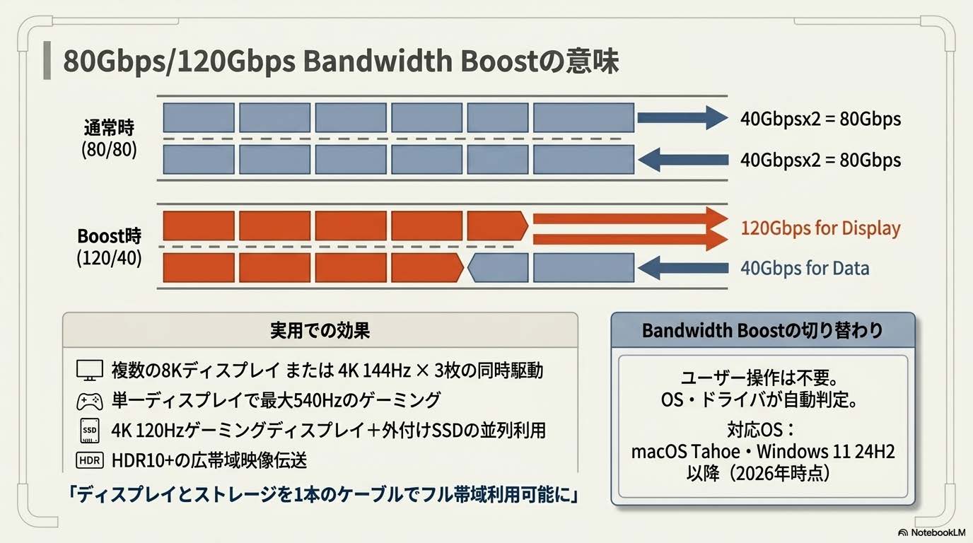 Thunderbolt 5の80Gbps/120Gbps Bandwidth Boostを示す図解