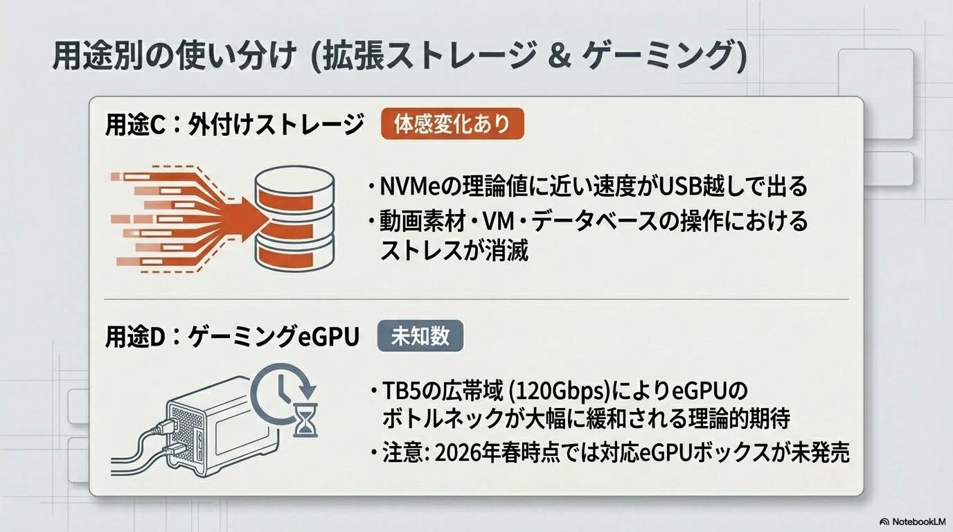 外付けSSD用途でTB5の体感差を示す図