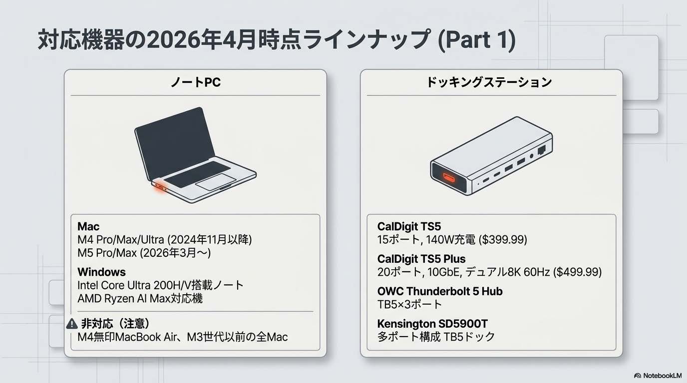 Thunderbolt 5対応機器の2026年4月時点ラインナップを示す図