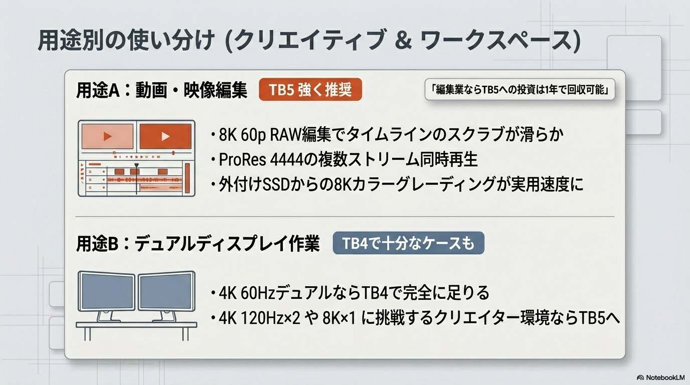 Thunderbolt 5の用途別の使い分けを示す図
