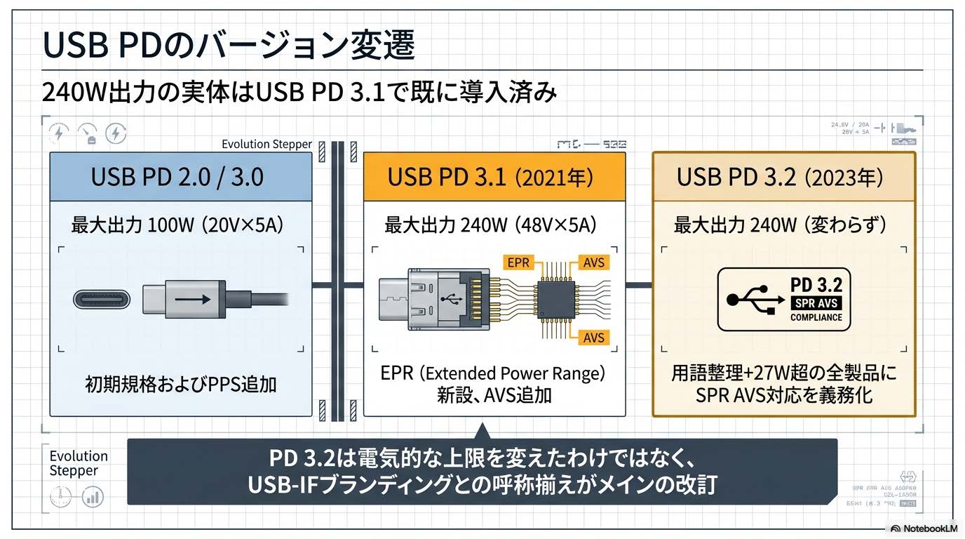 USB PD 2.0/3.0/3.1/3.2バージョン変遷図