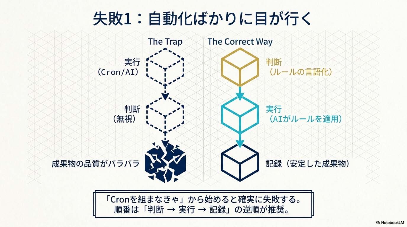 業務OS設計入門記事の見出し『失敗1：自動化ばかりに目が行く』に対応する図解スライド