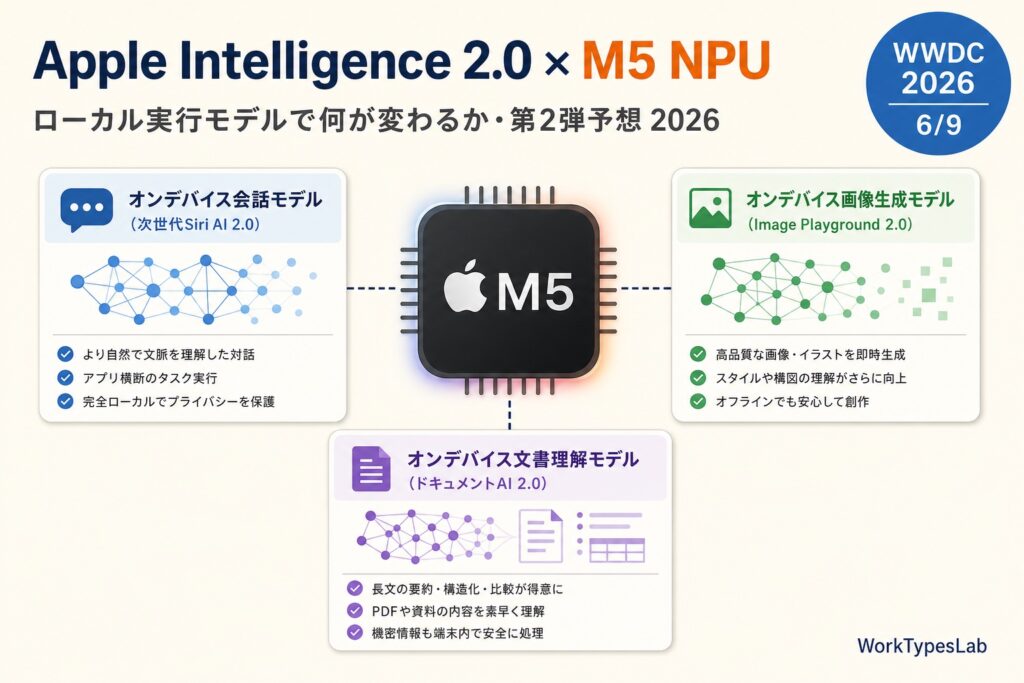 M5チップと3つのAIモデルカードが浮かぶApple Intelligence 2.0予想ビジュアル