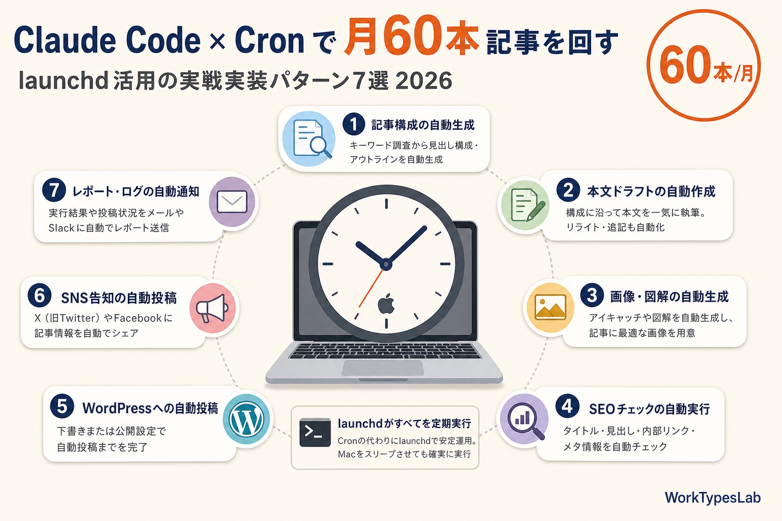 Claude Code と Cron 7パターンが orbiting する月60本実装ビジュアル