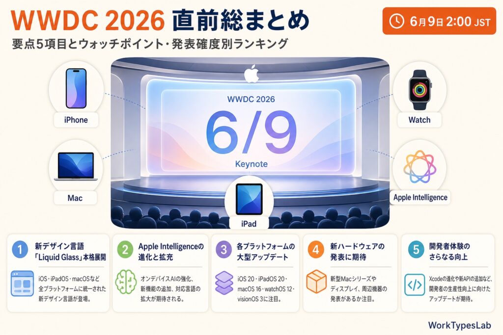 WWDC 2026 ステージと6/9日付・5つのデバイスアイコン