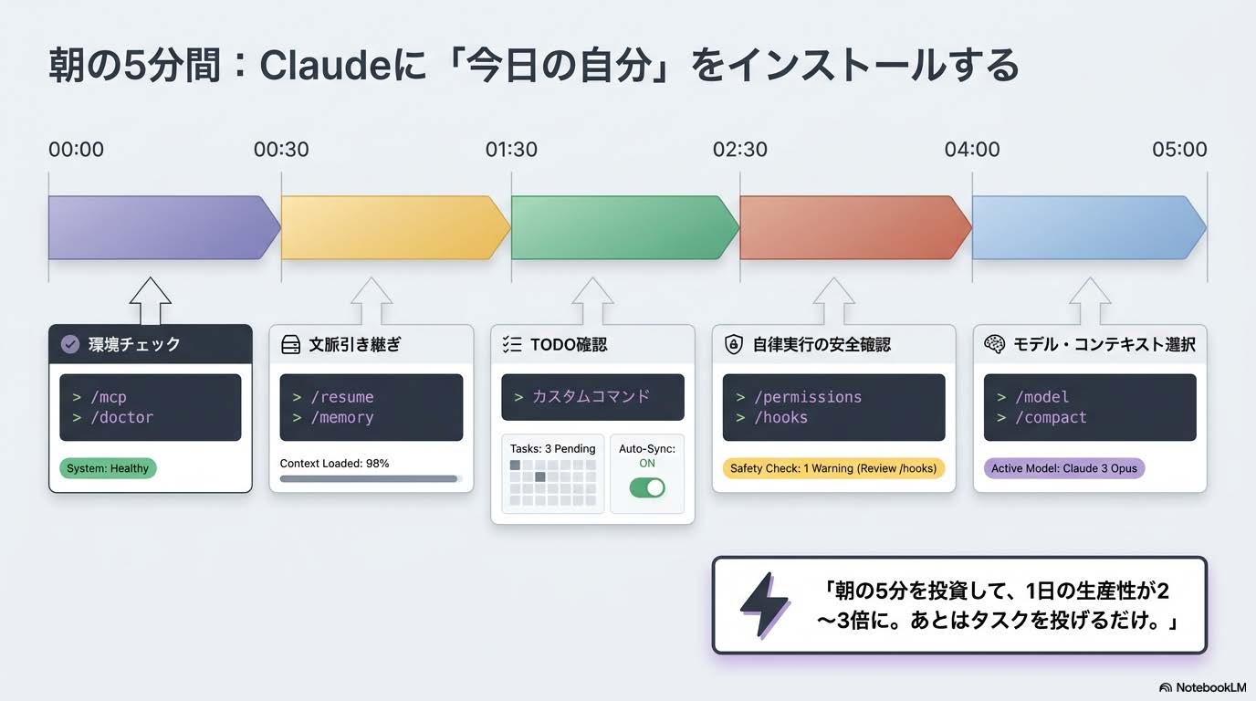 Claude Code 起動5分間の作業フロー 全体像のスライド