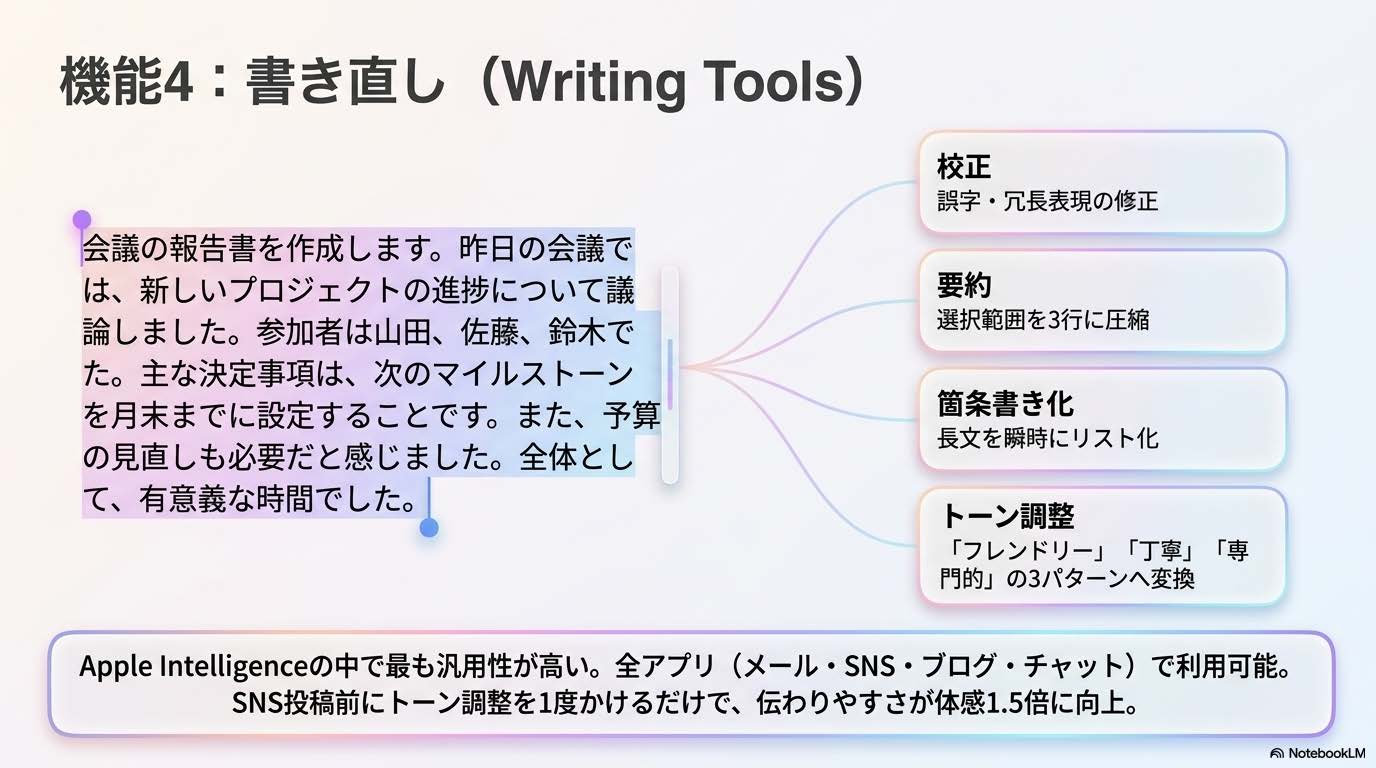 Apple Intelligence機能4 書き直し Writing Tools