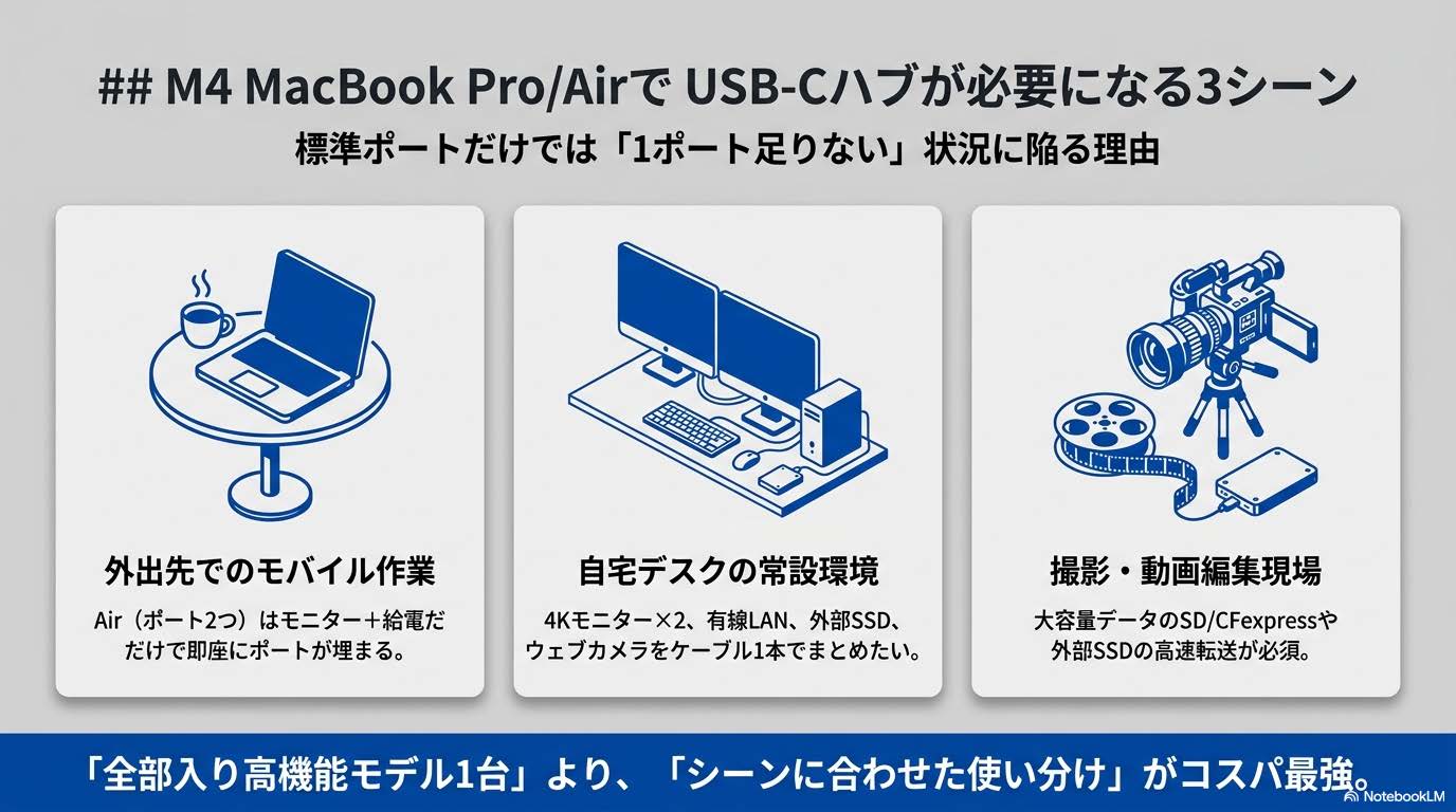 M4 MacBook Pro/Airで USB-Cハブが必要になる3シーン