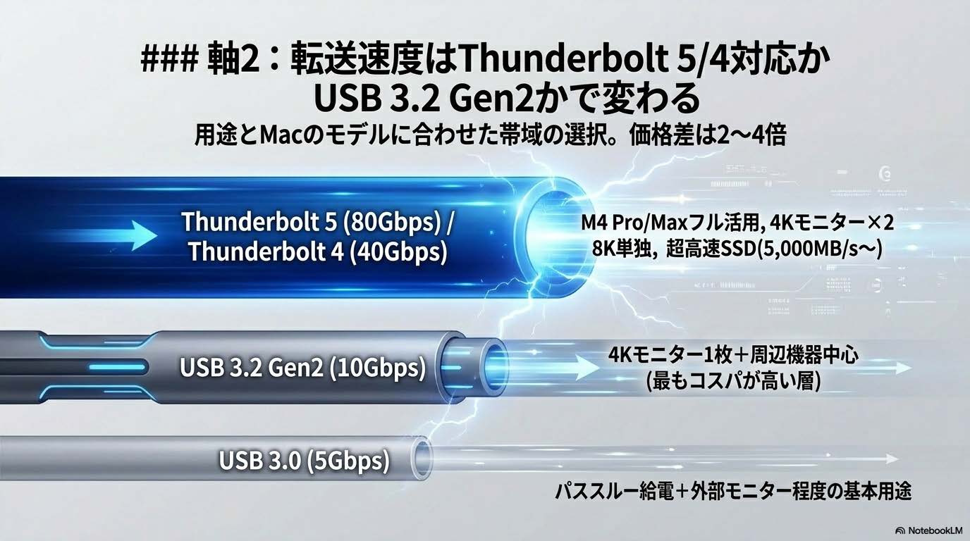 軸2：転送速度はThunderbolt 5/4対応か USB 3.2 Gen2かで変わる