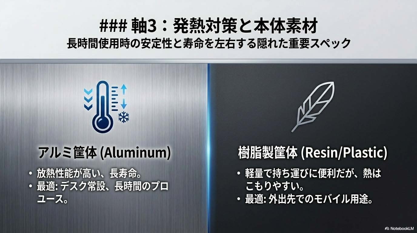 軸3：発熱対策と本体素材