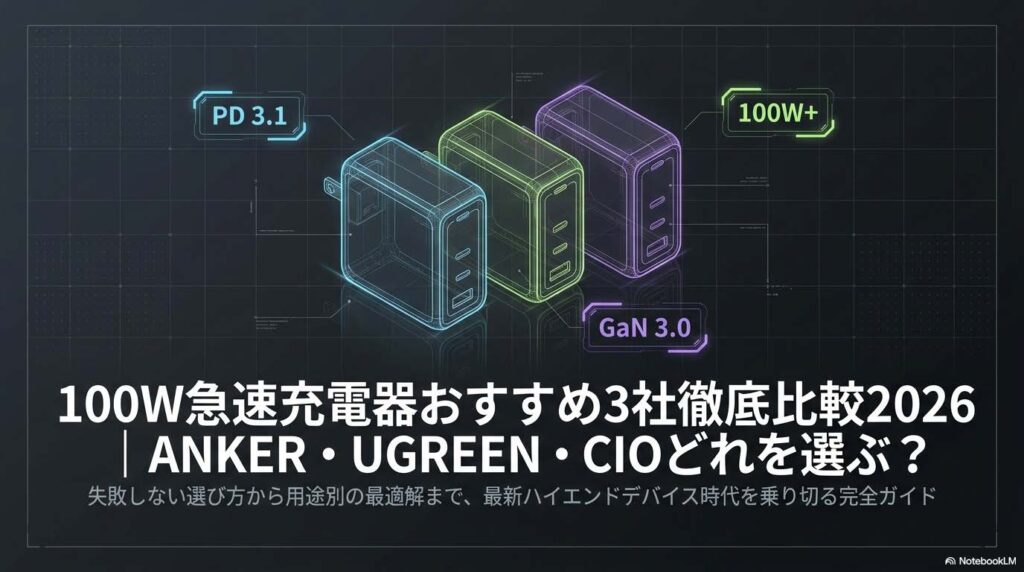 ANKER UGREEN CIO の100W急速充電器主要モデルを比較するキービジュアル