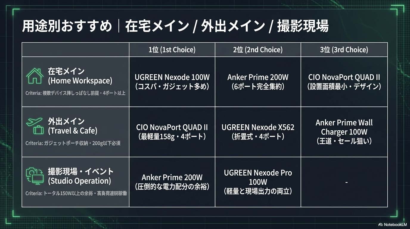 用途別おすすめ｜在宅メイン / 外出メイン / 撮影現場