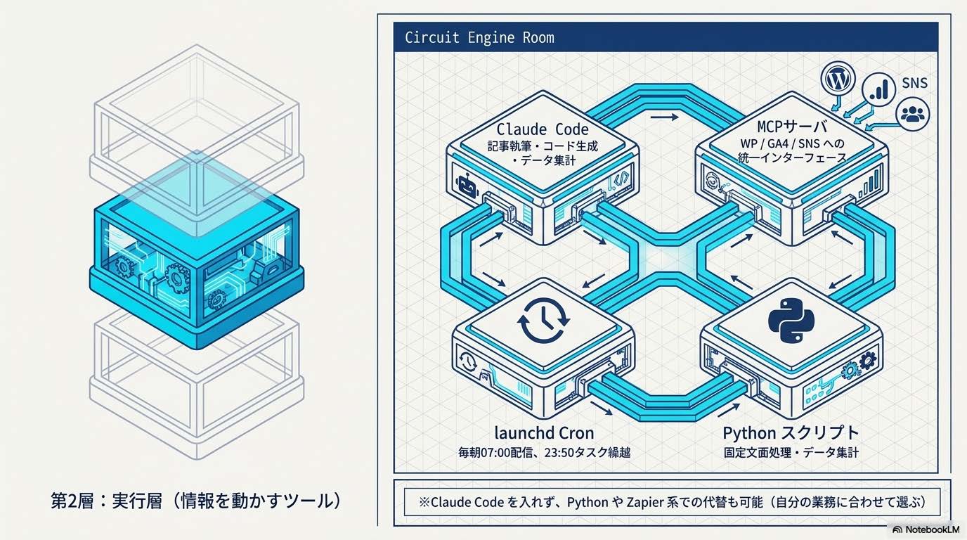 業務OS設計入門記事の見出し『第2層：実行層（情報を動かすツール）』に対応する図解スライド