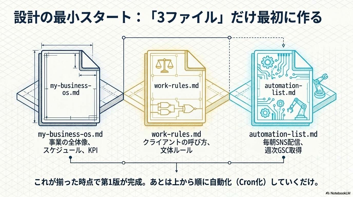 業務OS設計入門記事の見出し『設計の最小スタート：「3ファイル」だけ最初に作る』に対応する図解スライド