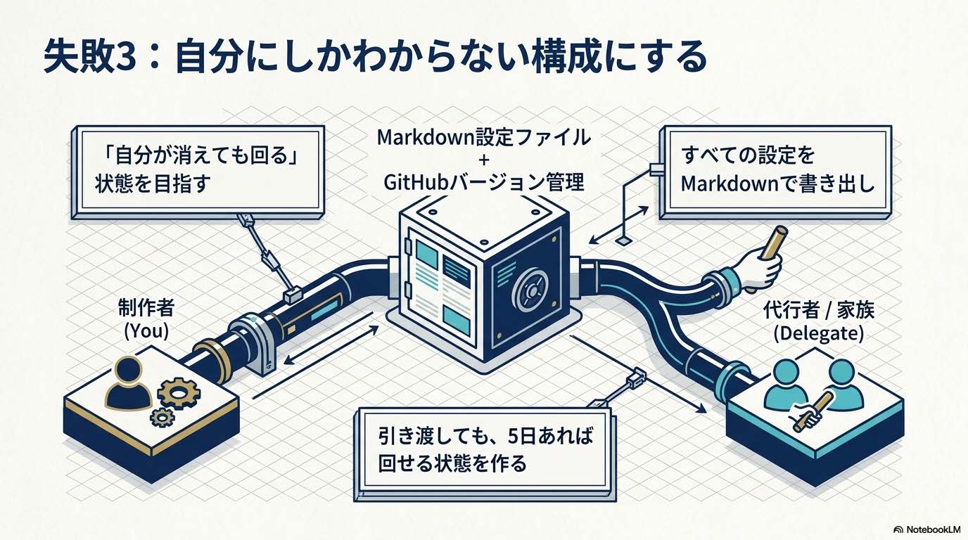業務OS設計入門記事の見出し『失敗3：自分にしかわからない構成にする』に対応する図解スライド