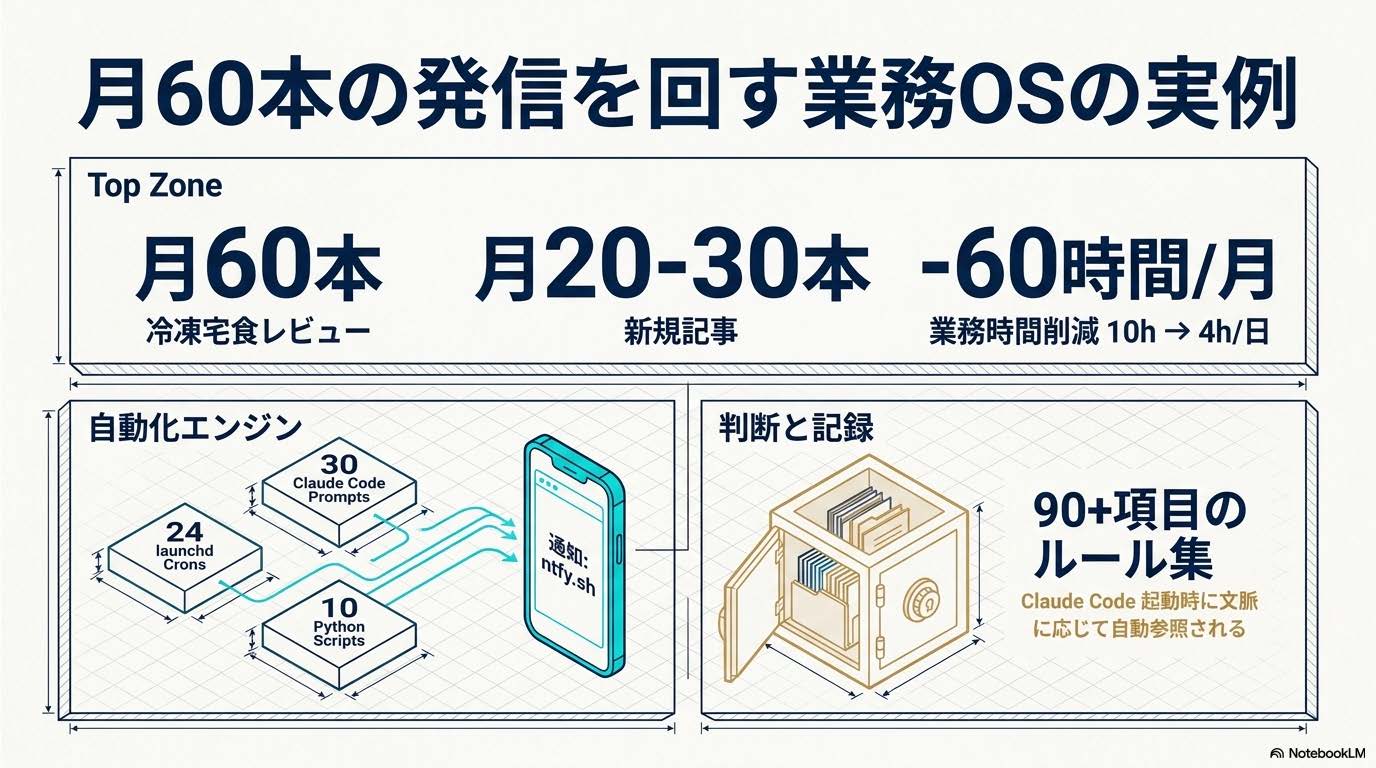 業務OS設計入門記事の見出し『月60本の発信を回す業務OSの実例』に対応する図解スライド