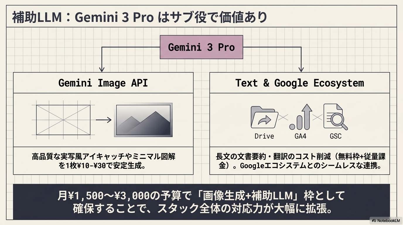 個人事業主のAIスタック完全ガイド記事の『補助LLM：Gemini 3 Pro はサブ役で価値あり』セクション解説スライド
