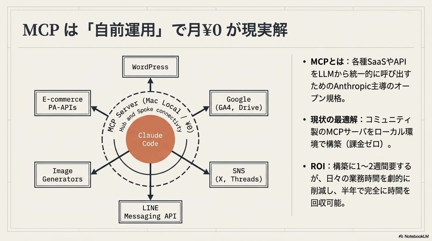 個人事業主のAIスタック完全ガイド記事の『MCP は「自前運用」で月¥0 が現実解』セクション解説スライド