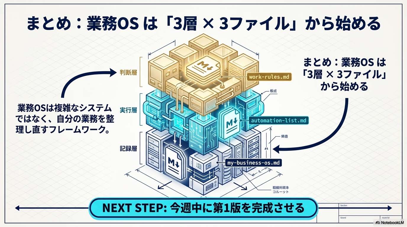 業務OS設計入門記事の見出し『まとめ：業務OS は「3層 × 3ファイル」から始める』に対応する図解スライド