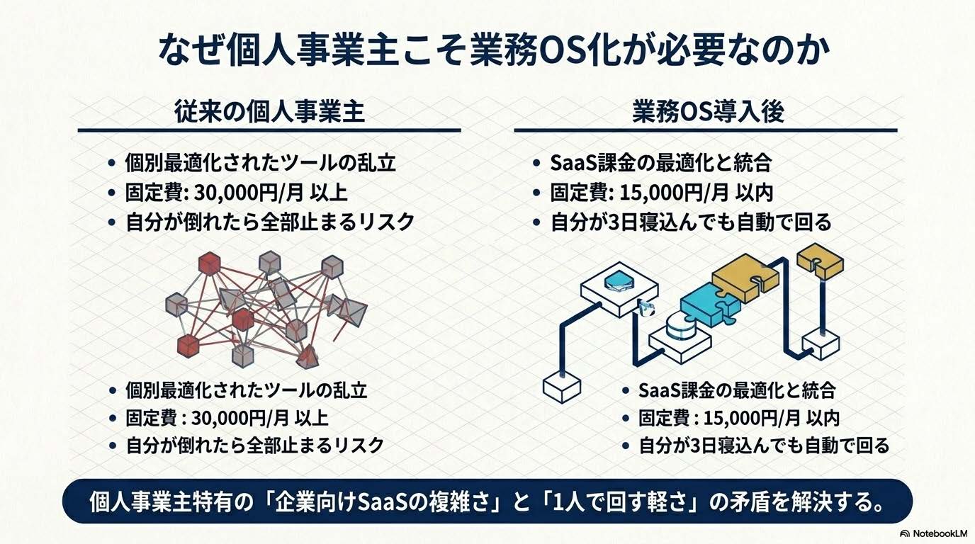 業務OS設計入門記事の見出し『なぜ個人事業主こそ業務OS化が必要なのか』に対応する図解スライド