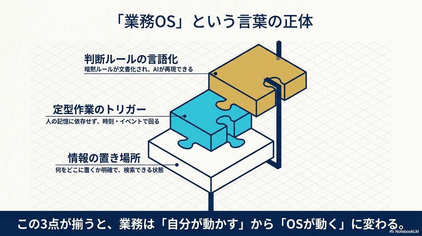業務OS設計入門記事の見出し『「業務OS」という言葉の正体』に対応する図解スライド