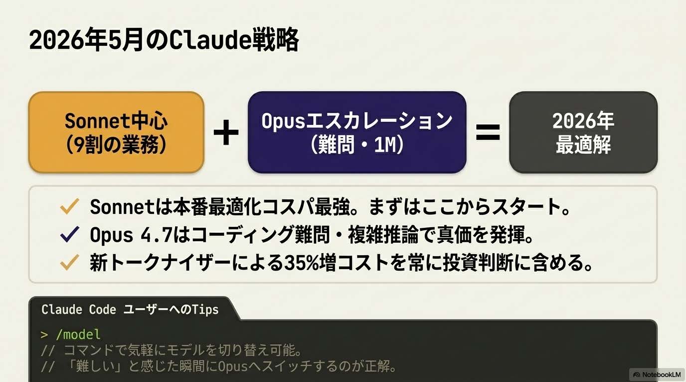 Claude 2026年5月戦略まとめ - Sonnet中心・Opusはエスカレーション運用