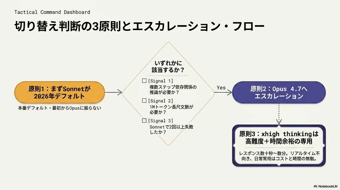 Claude Sonnet 4.6とOpus 4.7の切り替え判断3原則 - Sonnetデフォルト・Opusエスカレーション・xhigh注意