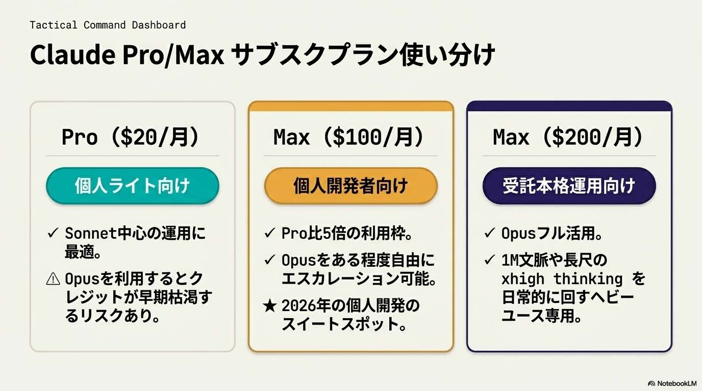 Claude Pro/Maxサブスクプランの使い分け - Pro $20/Max $100/Max $200の枠と用途