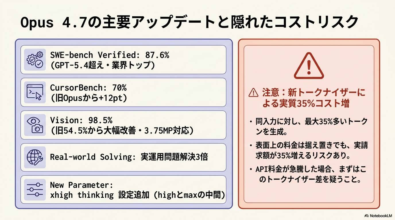 Claude Opus 4.7主要アップデート（2026-04-16リリース）- SWE-bench 87.6%・xhigh thinking・Vision 98.5%・新トークナイザー