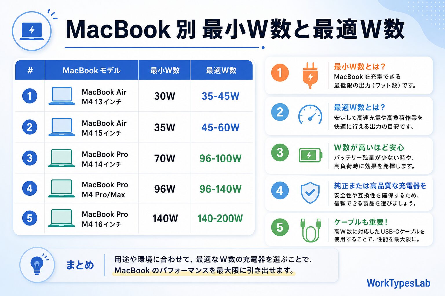 MacBook Pro/Air 充電器の選び方2026｜M4 - 1. まず確認