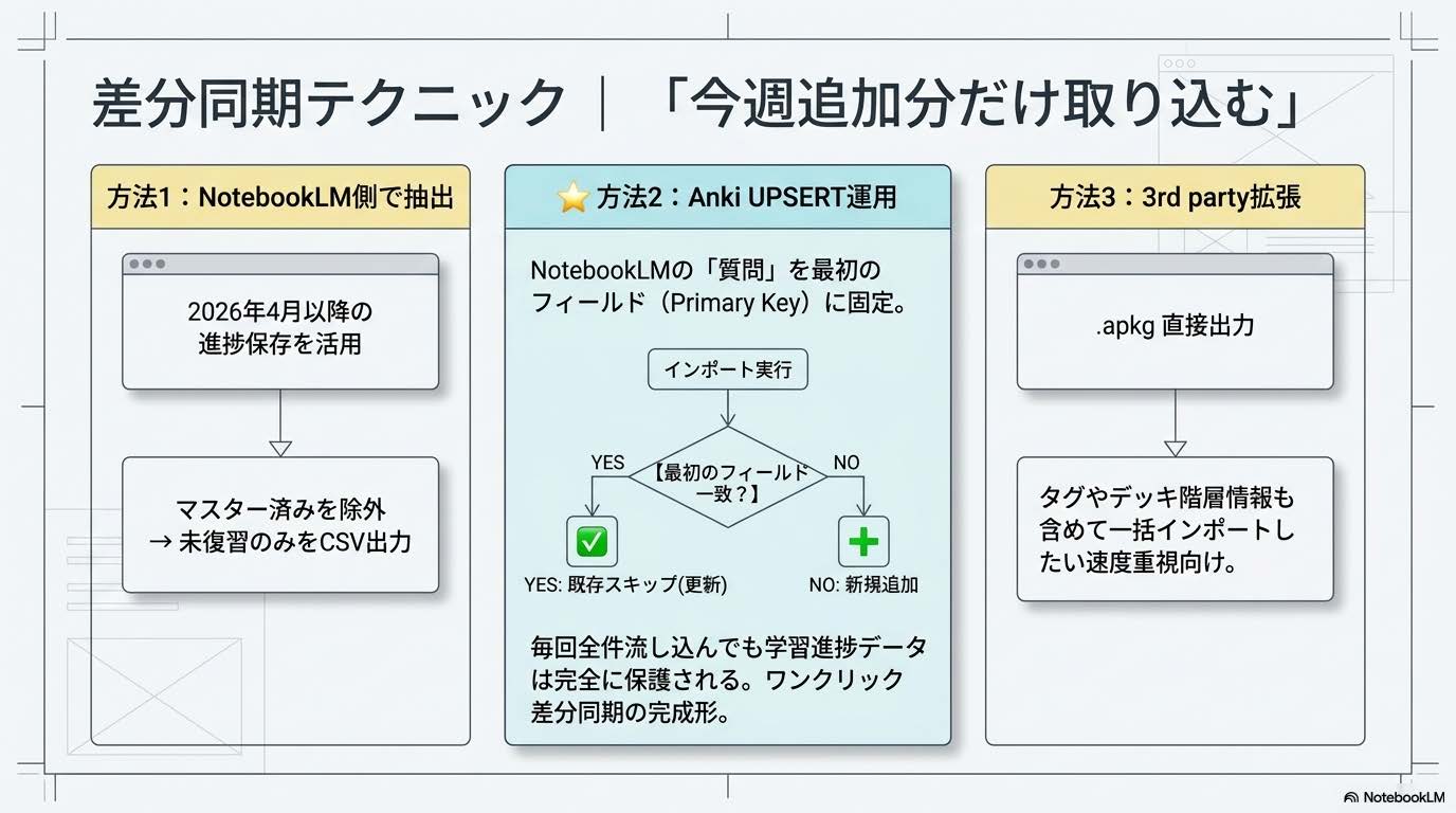 NotebookLM Anki差分同期の3つの方法（NotebookLM側フィルタ・Anki UPSERT・3rd party拡張）