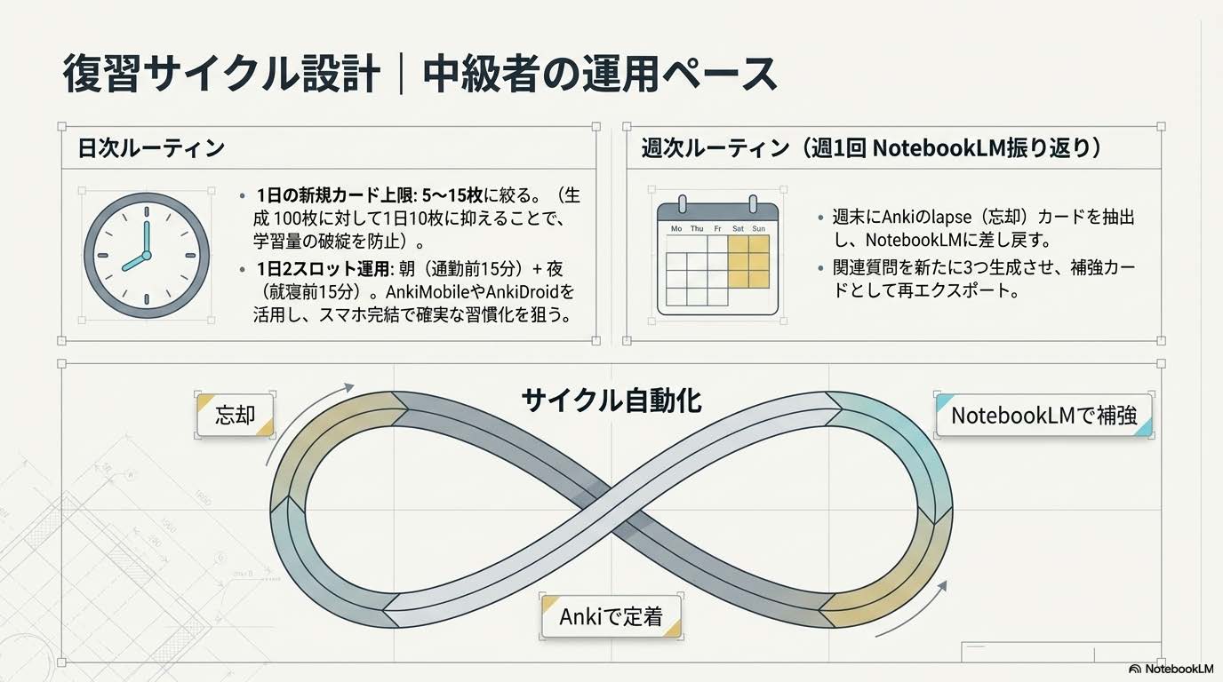 Anki復習サイクル設計（1日新規カード上限・1日2スロット15分・週1回NotebookLM振り返り）