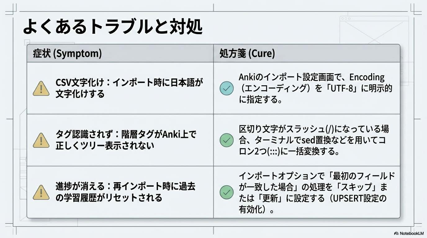 NotebookLM Anki連携のよくあるトラブル（CSV文字化け・タグ認識・進捗消失）と対処法