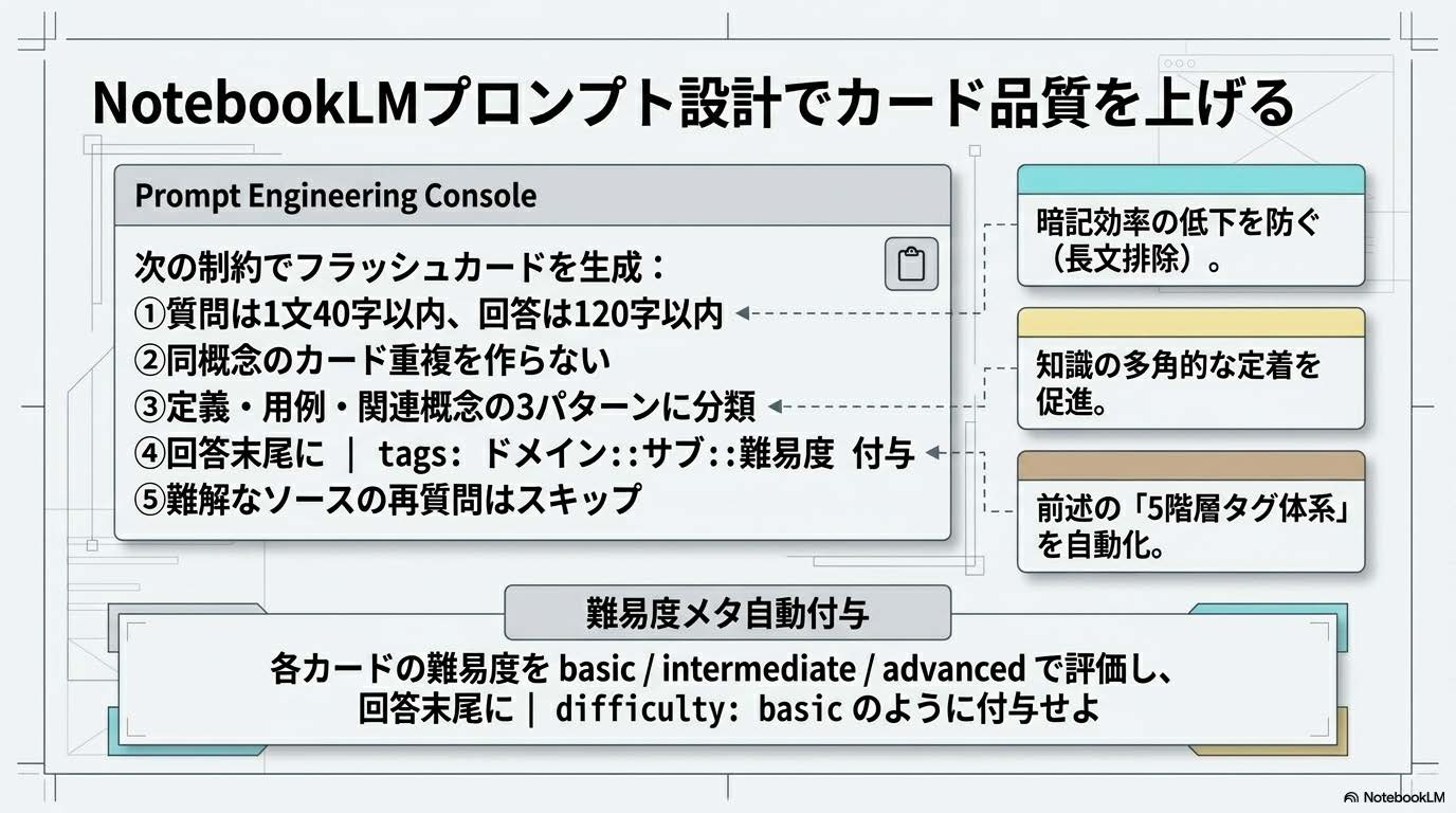 NotebookLMフラッシュカード生成プロンプトの設計テクニック（粒度・重複排除・タグ自動付与・難易度メタ）
