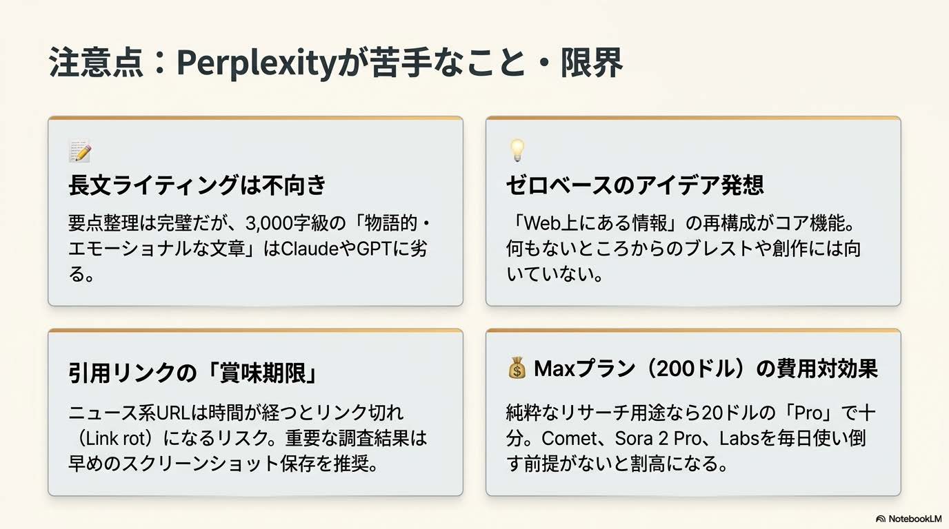 Perplexity AIの苦手な領域と利用上の注意点（長文ライティング・創作発想・引用切れ・Max費用対効果）