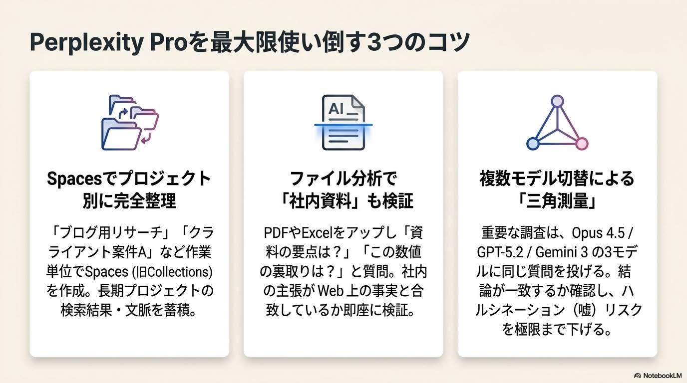 Perplexity Proを最大限使い倒す3つのコツ（Spaces活用・ファイル分析・モデル切替）の解説図