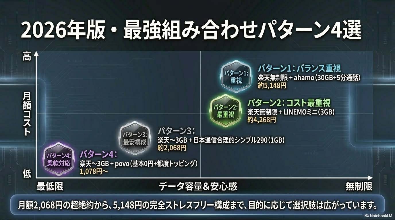 2026年版・最強組み合わせパターン4選（楽天+ahamo/LINEMO/日本通信/povoの月額シミュレーション）