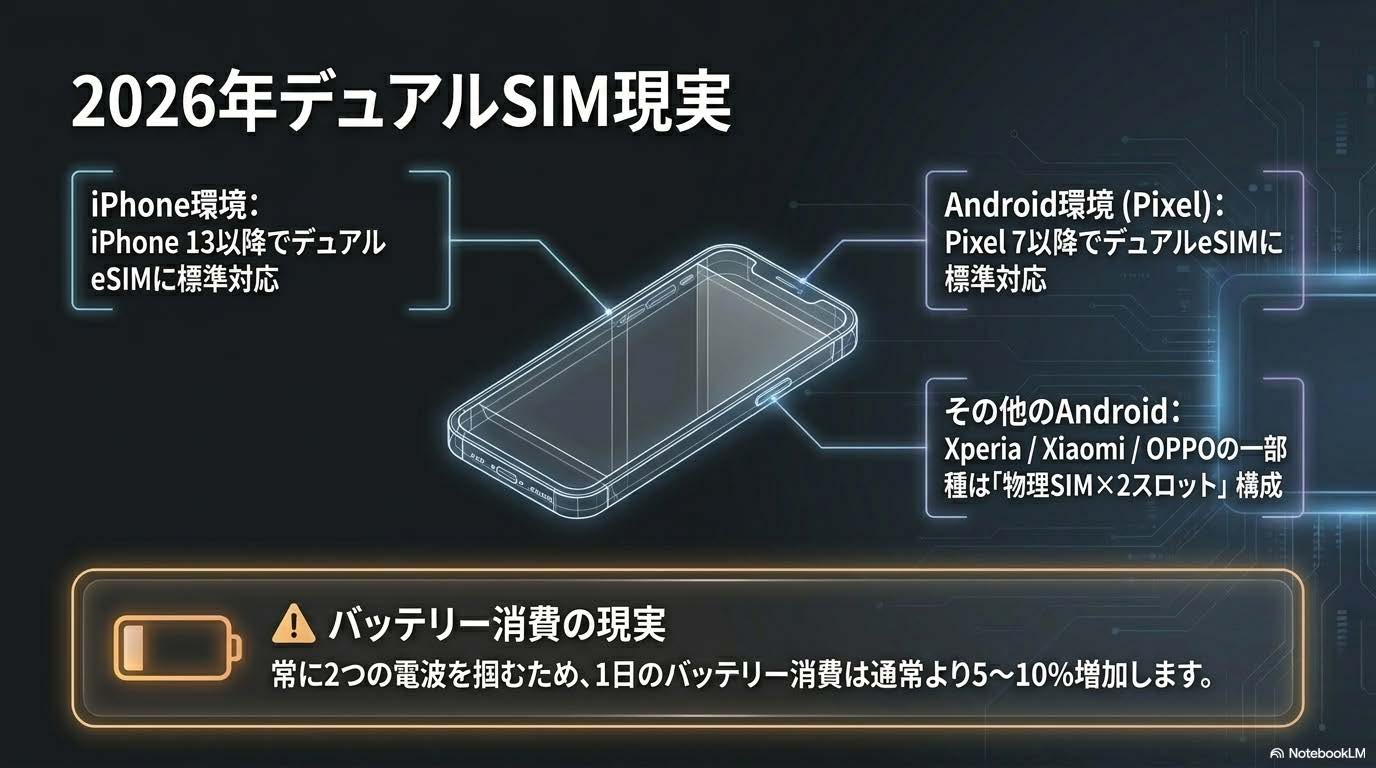 2026年デュアルSIM運用の現実 - iPhone 13以降/Pixel 7以降デュアルeSIM対応・バッテリー消費5-10%増