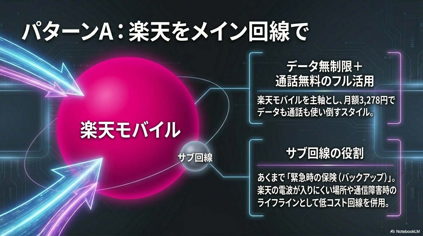 パターンA：楽天モバイルをメイン回線で使う - 無制限3,278円+サブ回線緊急保険