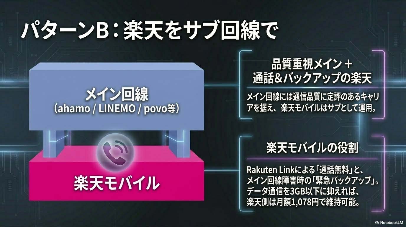 パターンB：楽天モバイルをサブ回線で使う - メインは品質重視・楽天は通話+緊急バックアップで1,078円