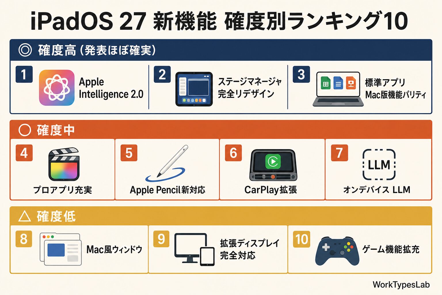 iPadOS 27 新機能 確度別ランキング10 図解